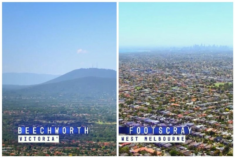 Aerial view contrasting Beechworth, a historic town in Victoria, with its scenic mountains, and Footscray, a vibrant suburb in West Melbourne known for its urban landscape and proximity to the city.