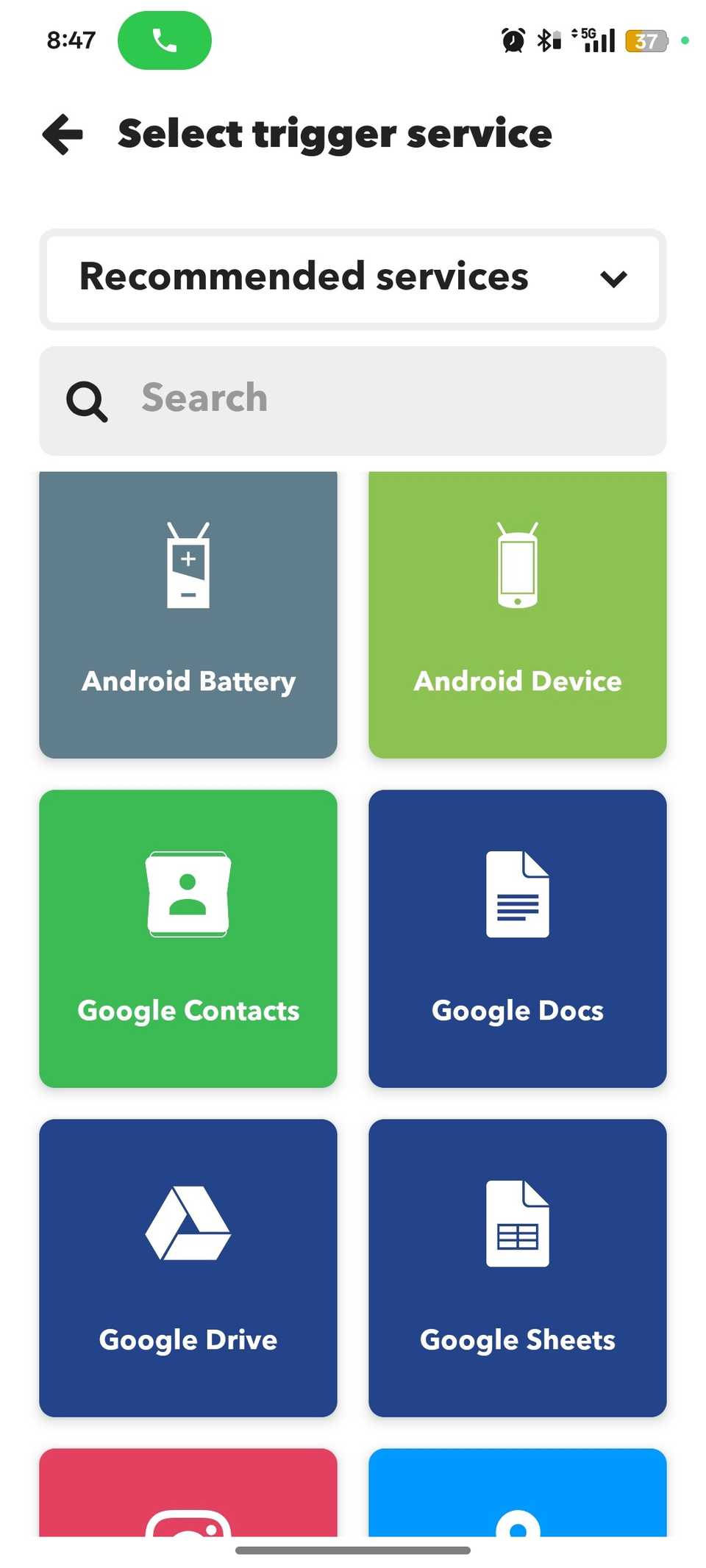 Menu showing different function categories and text above prompting user to select one