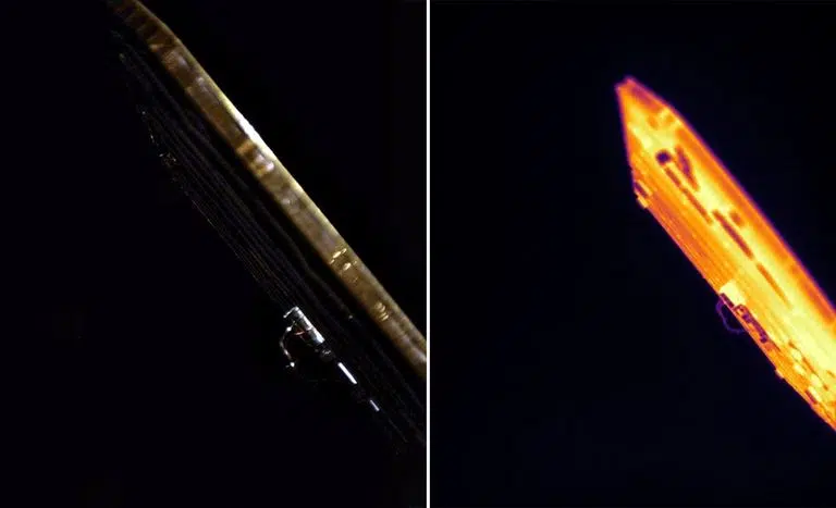 These images show the side of a solar panel on one of NASA’s two ESCAPADE spacecraft. The image on the left is from the spacecraft’s visible-light camera. The image on the right was taken with its infrared camera, showing which parts of the array are warmer (yellow and orange) and cooler (purple and black). The images were taken on Nov. 21, 2025, just eight days after the mission launched.
NASA/UCB-SSL/RL/NAU-Radiant/Lucint