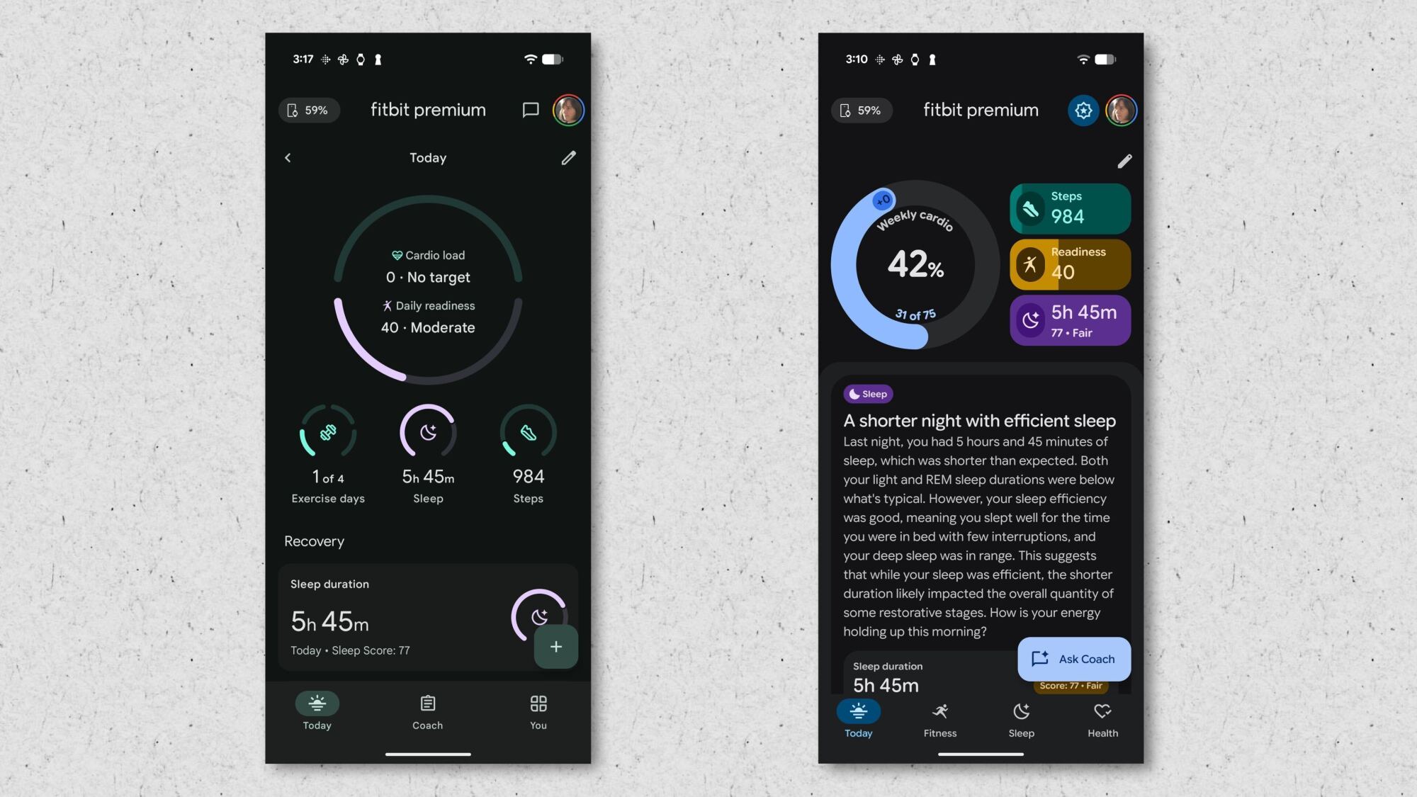 Fitbit's current app on the left; the updated preview version is on the right.
