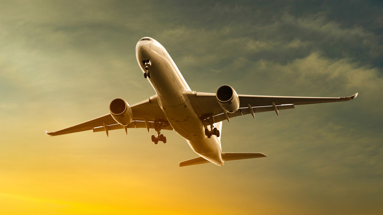 passenger jet flying at sunset