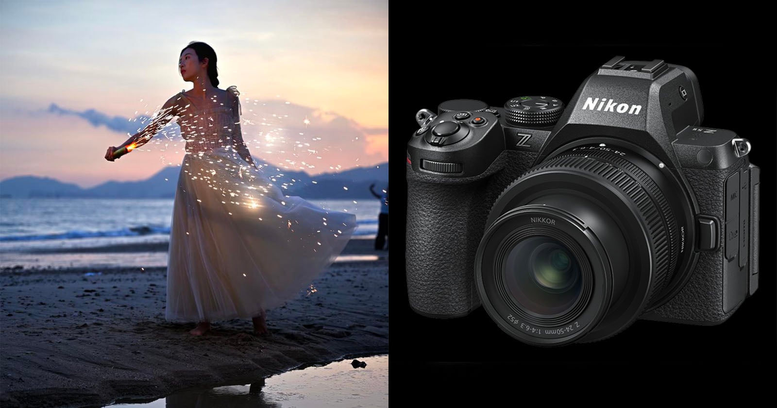 A split image shows a woman in a flowing white dress spinning sparklers on a beach at sunset, beside a close-up of a Nikon Z-series camera against a black background.