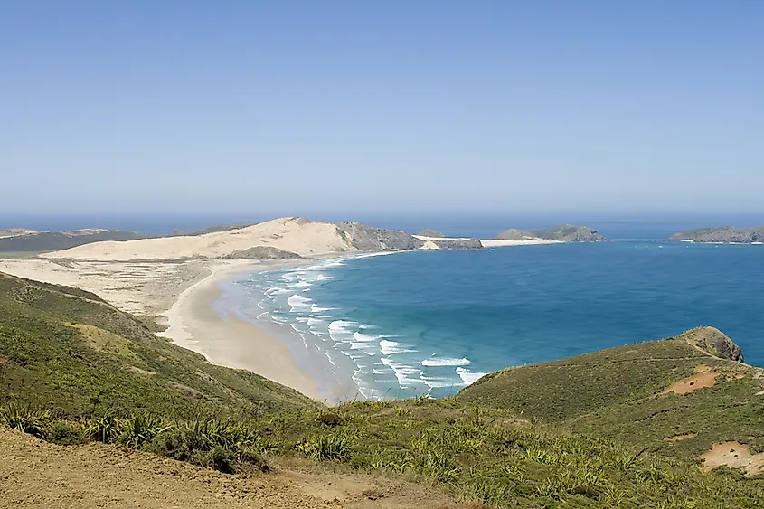 View of Ninety Mile Beach, looking out towards the Tasman Sea, from the slopes above it on Aupouri Peninunsula, North Island, New Zealand.