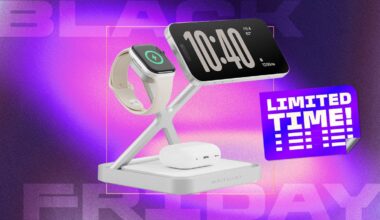 A white plastic and metal stand with three charging points supporting a smartphone, smartphone and AirPods earbud case.