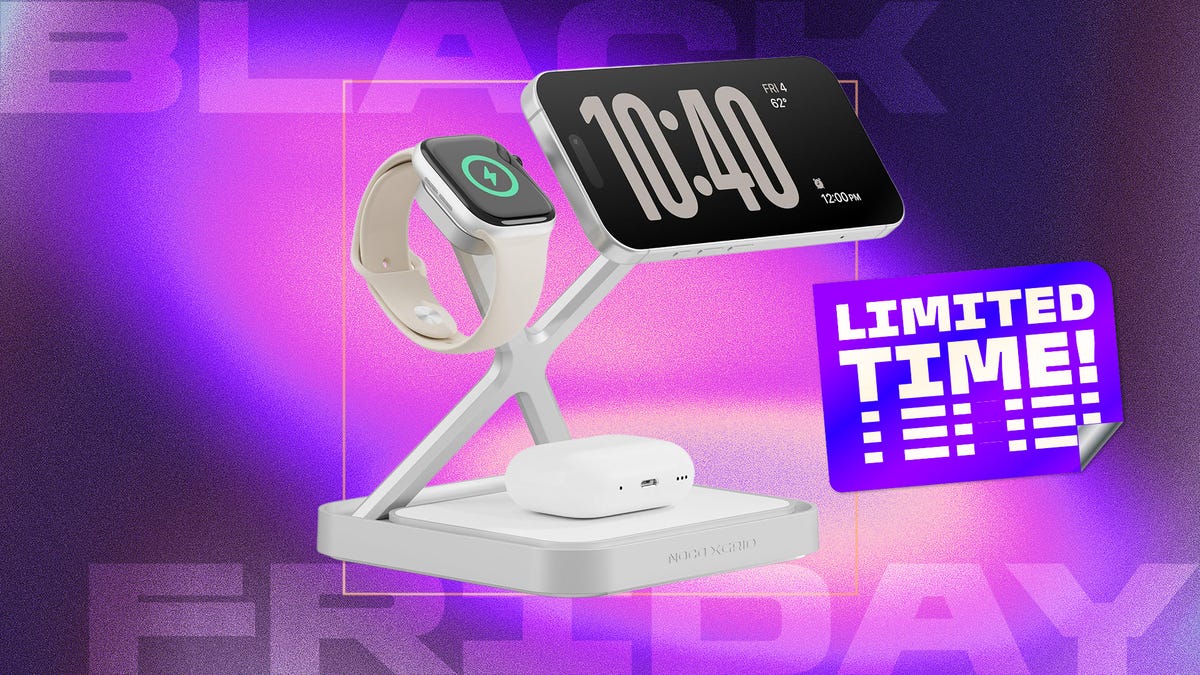 A white plastic and metal stand with three charging points supporting a smartphone, smartphone and AirPods earbud case.