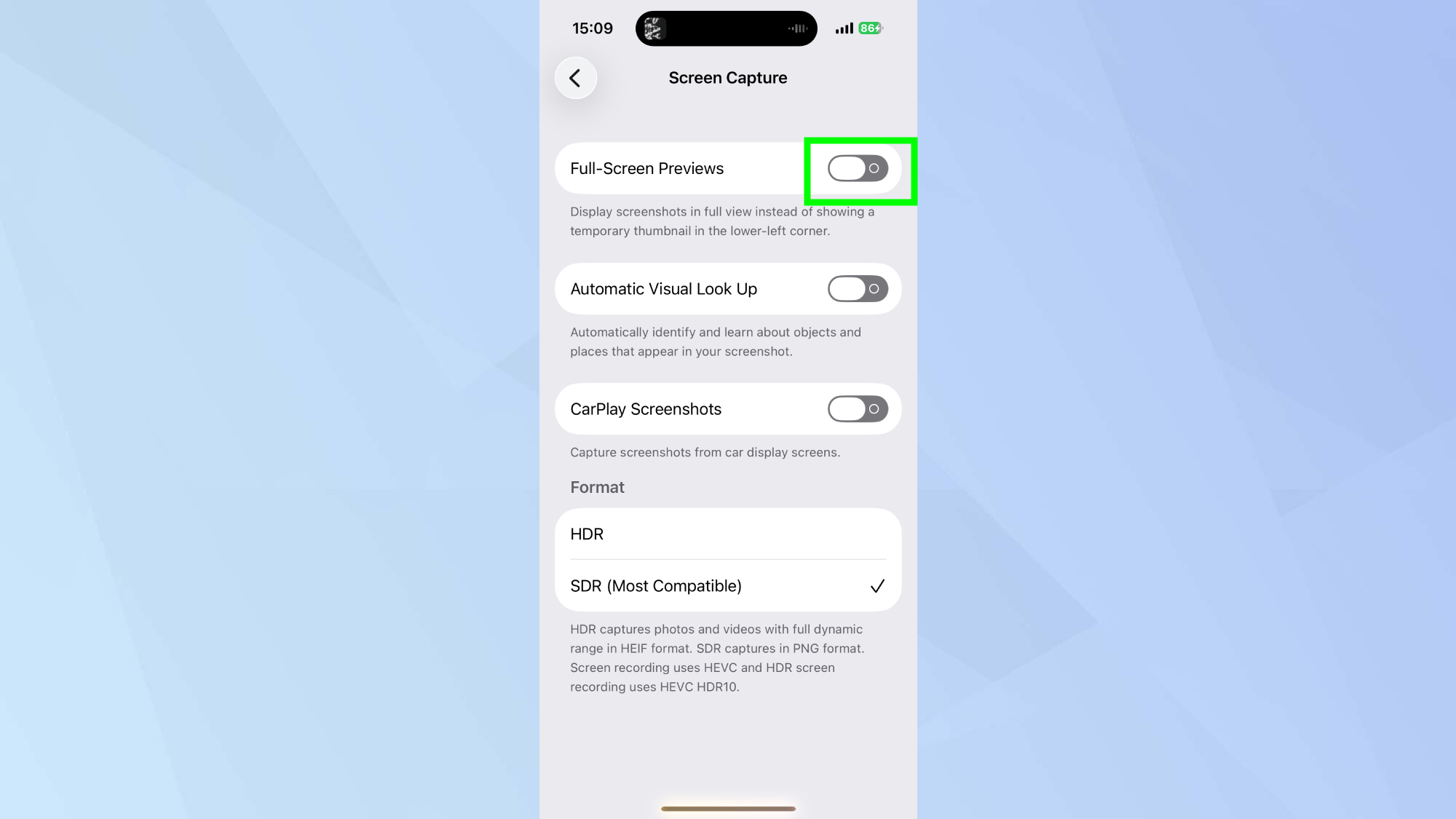 iPhone full screen previews toggled off