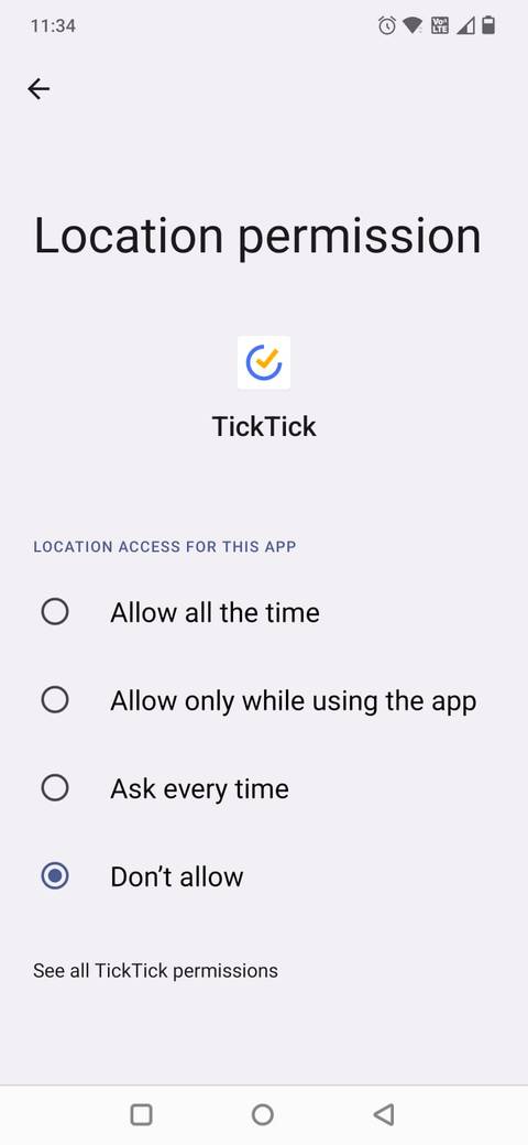 Screenshot showing the Location permission for the TickTick app