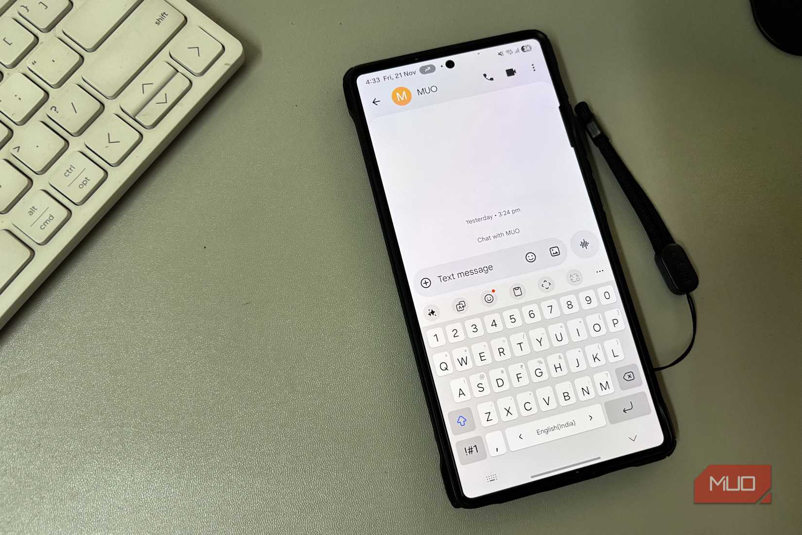 Phone showing Samsung Keyboard in Google Messages