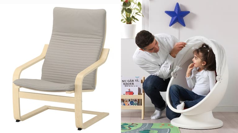 POÄNG armchair (left) and PS LO MSK swivel armchair (right).