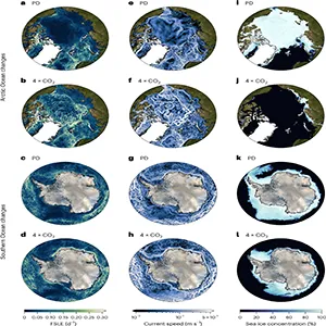 Arctic Ocean snapshots of FSLE at 15-m depth (a,b), current speed (log scale) at 15-m depth (e,f) and sea ice concentration (i,j) from the PD (a,e,i) and 4 × CO2 (b,f,j) simulations at the vernal equinox (20 March) of the first analyzed year (model year 130 for PD and model year 160 for 4 × CO2). c,d,g,h,k,l, Southern Ocean snapshots of FSLE at 15-m depth (c,d), current speed (log scale) at 15-m depth (g,h) and sea ice concentration (k,l) from the PD (c,g,k) and 4 × CO2 (d,h,l) simulations at the autumnal equinox (22 September). Credit: Basemaps from NASA Visible Earth