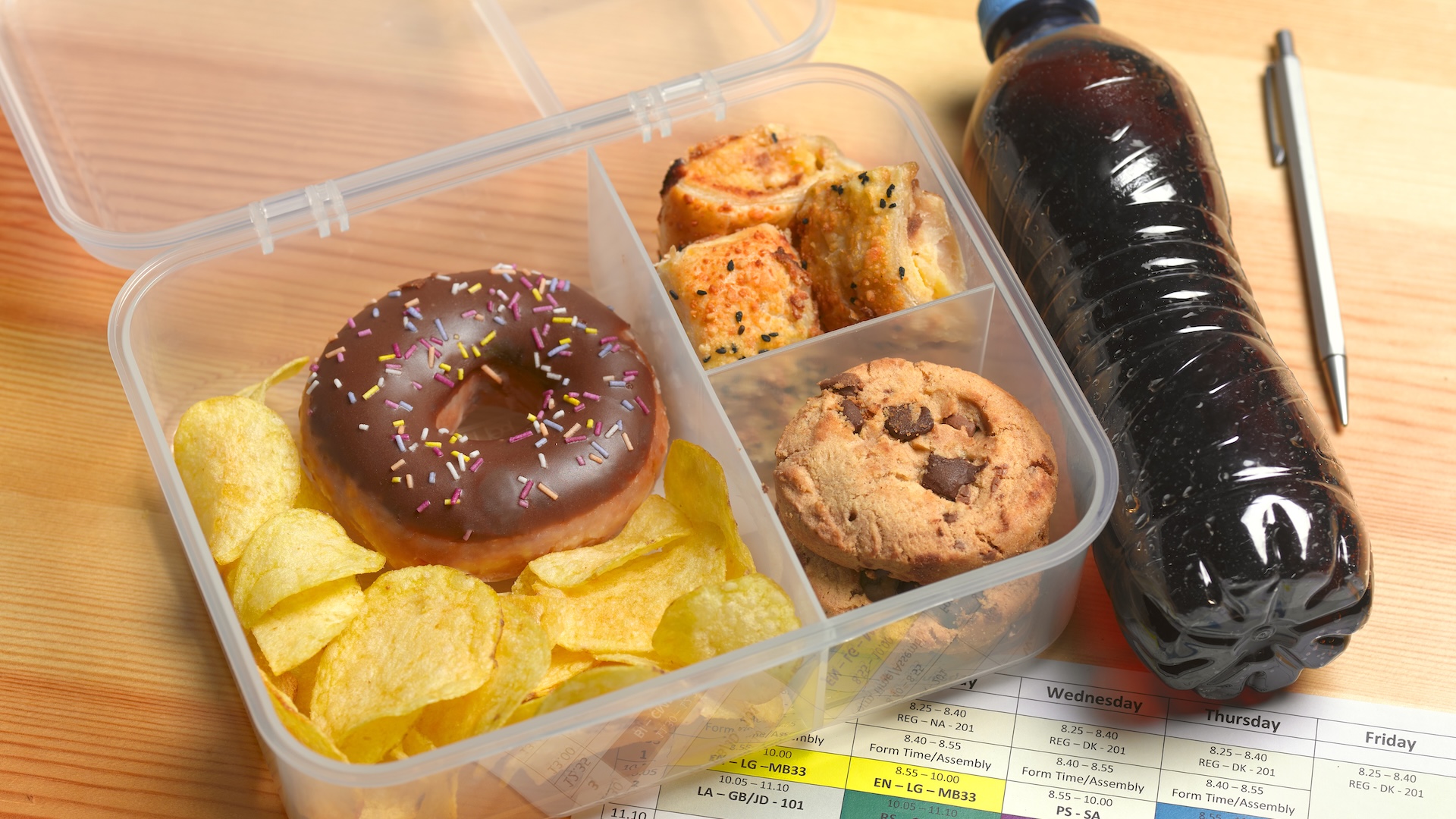 clear lunchbox with donut, potato chips, cookies, muffin and a soda on side