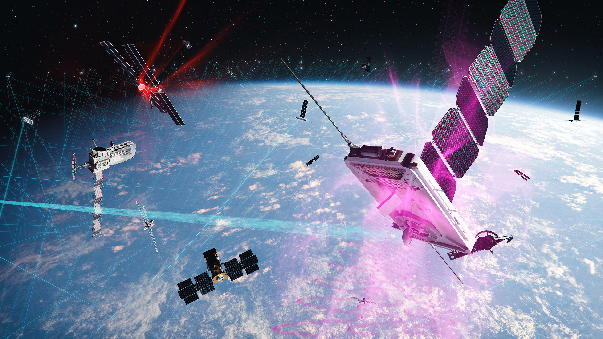An illustration of a cluster of satellites orbiting the Earth