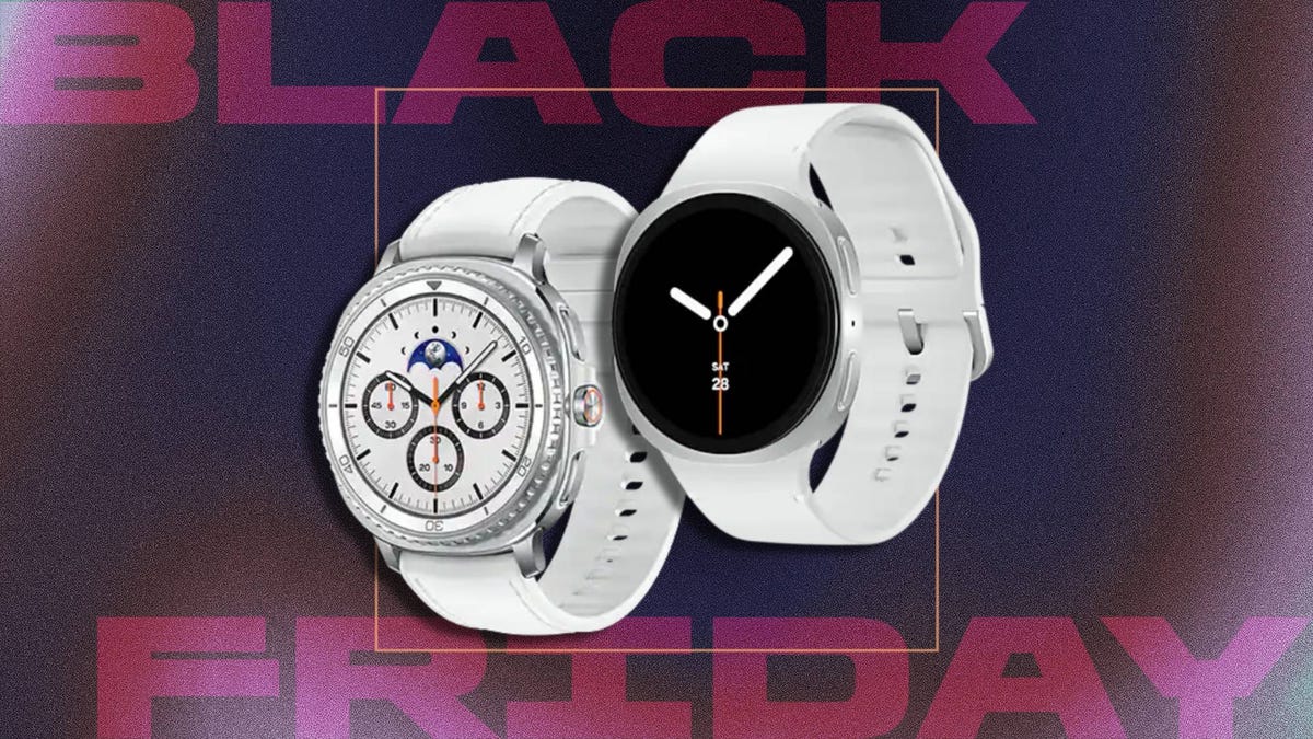 Samsung smartwatches on a CNET background