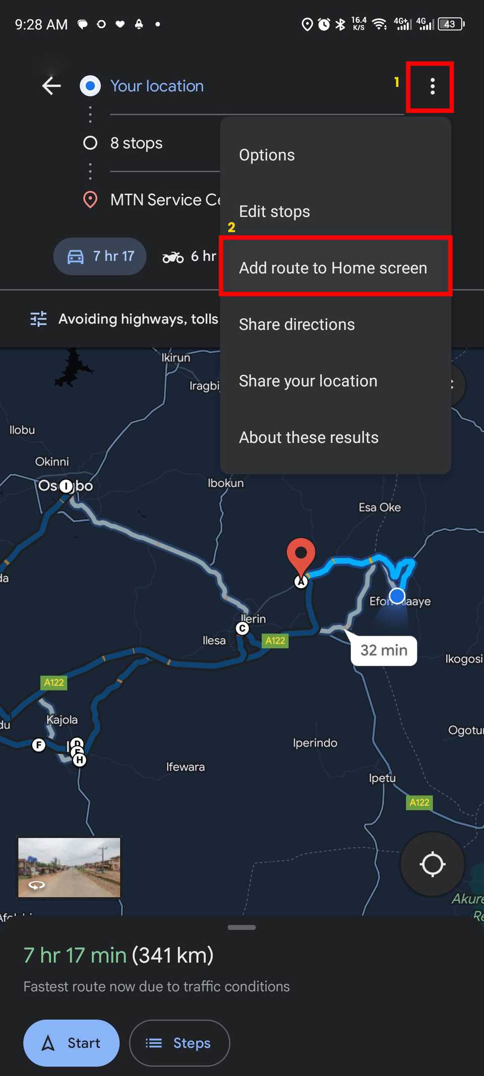 Adding multi-stop routes to home screen on Google Maps for Android