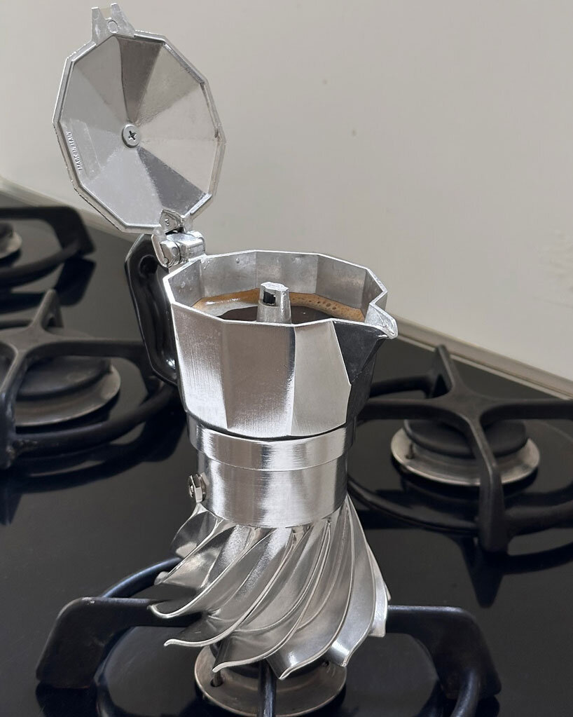 turbo moka's helical spiral design reinvents the iconic coffee pot for energy efficiency