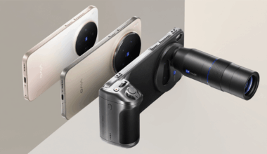 Three Vivo smartphones, two in light colors and one in dark with an attached telephoto lens, are displayed on a split-tone background.