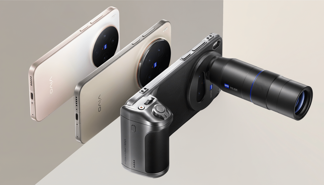 Three Vivo smartphones, two in light colors and one in dark with an attached telephoto lens, are displayed on a split-tone background.