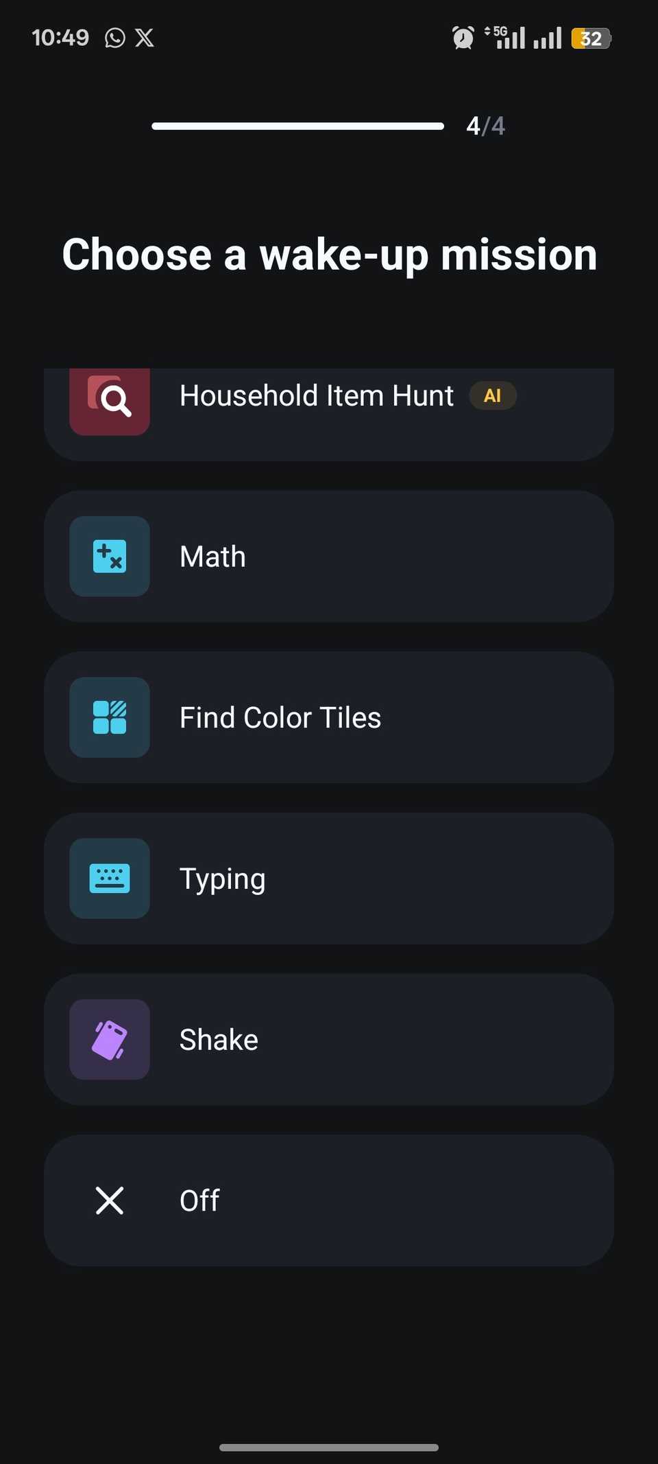Menu showing list of wake-up activities including math and household item hunt