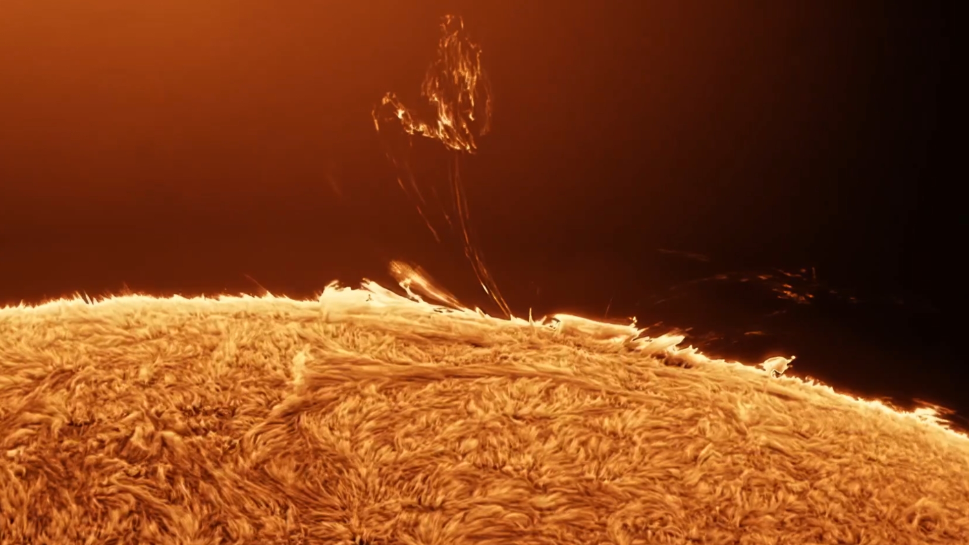 a close up view of the sun with a fiery tendril extending from the surface out into space and looping back down. the sun's surface looks fuzzy and soft, like you'd want to touch it - but you really shouldn't.