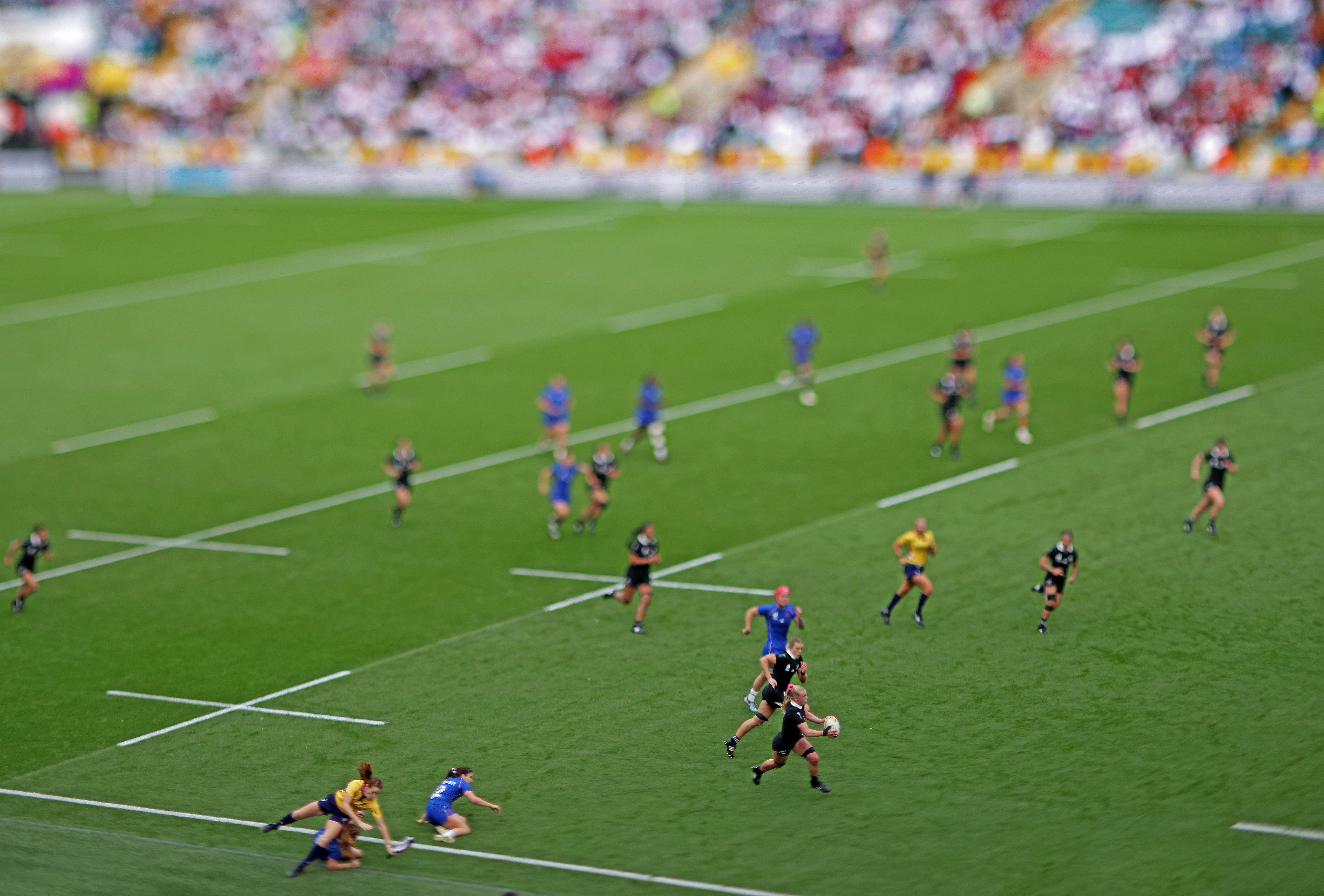 Rugby players in black and blue jerseys on a green field.