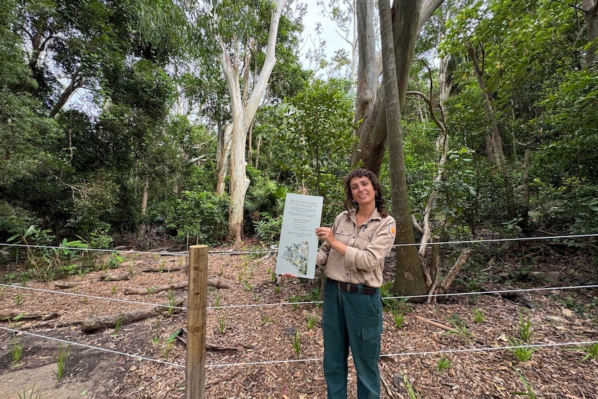 A woman stands with a sign in her hands under a tree and next to a fence