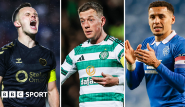 Hearts captain Lawrence Shankland, Celtic skipper Callum McGregor and Rangers captain James Tavernier