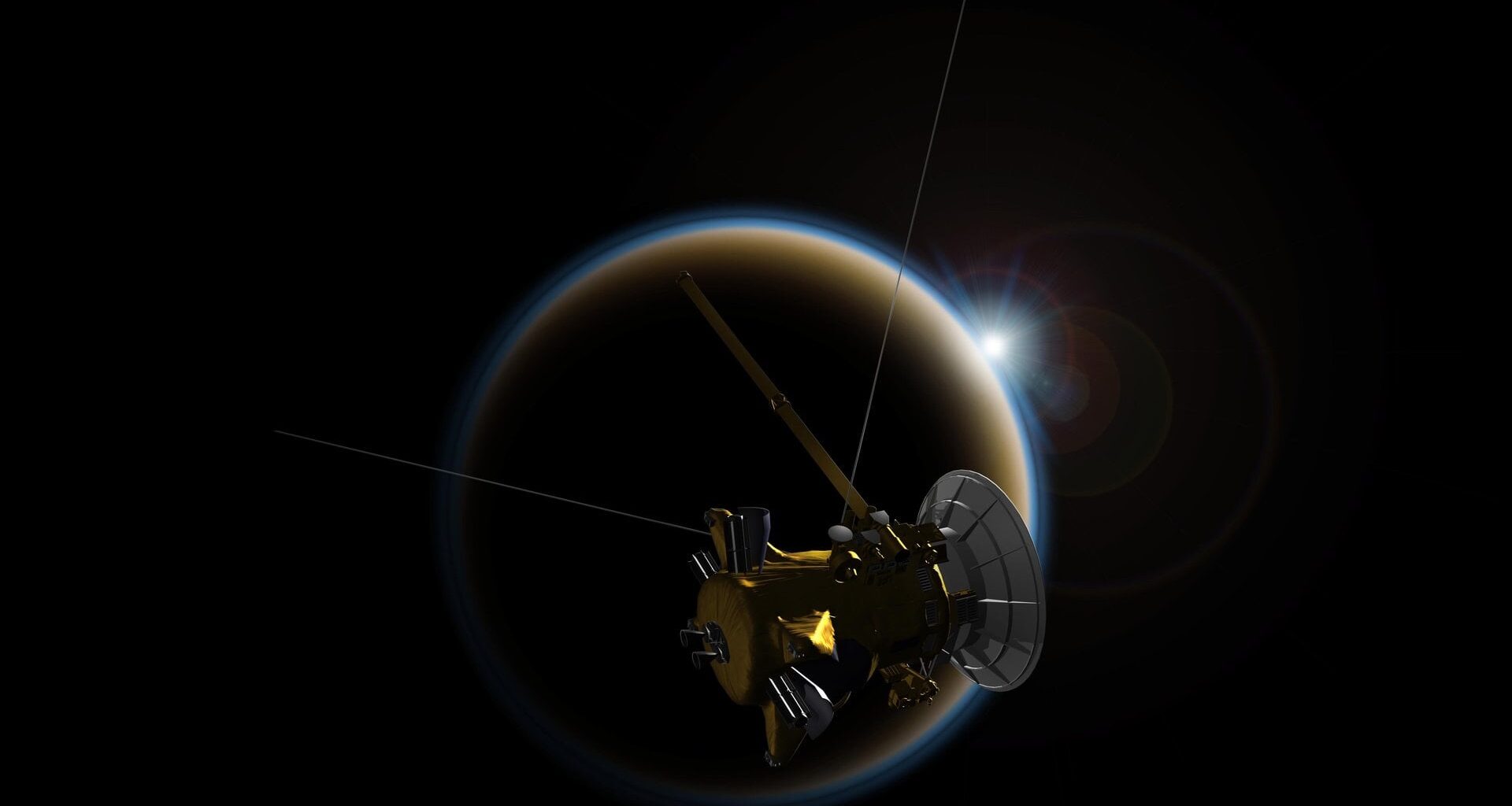 Artist's impression of the Cassini spacecraft at Titan. NASA/JPL-Caltech.