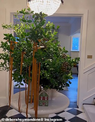 Her designer also created mistletoe vignettes around her living room, and even decorated a plant in her front lobby with brown velvet ribbons and small ceramic Christmas houses