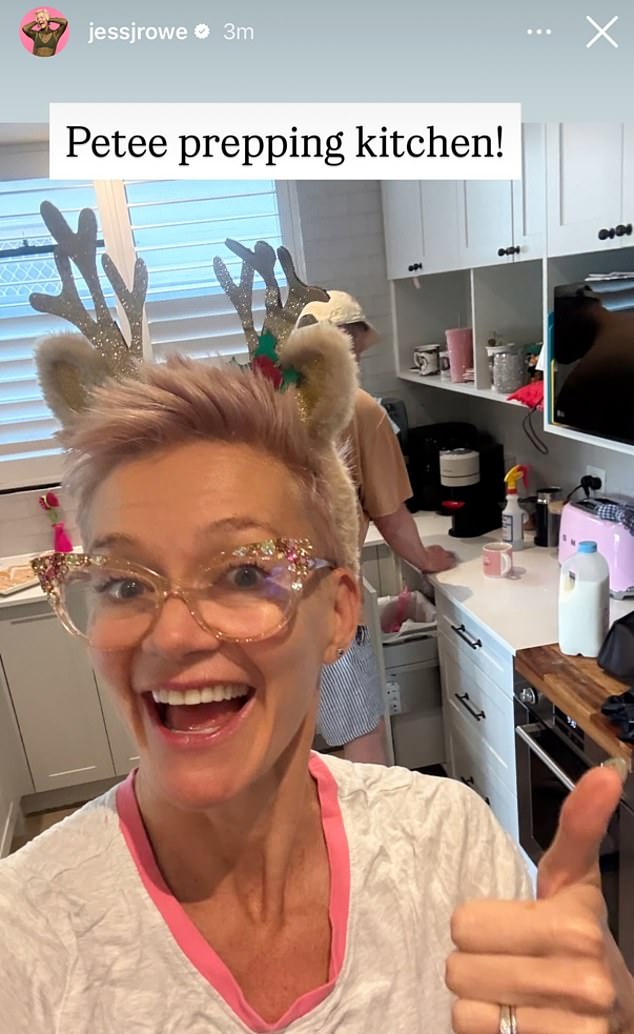 Jessica Rowe took to Instagram tos hare a selfie of her in the kitchen while husband Peter Overton prepped Christmas lunch