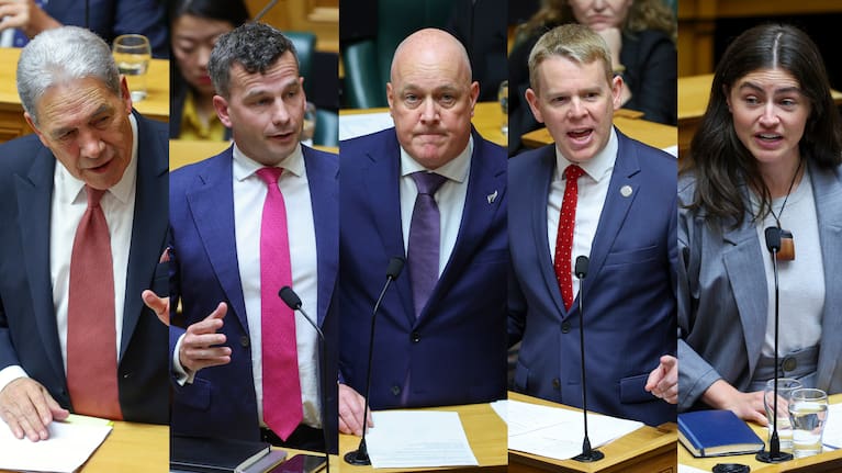 New Zealand First leader Winston Peters, left, ACT Party leader David Seymour, National Party leader Christopher Luxon, Labour Party leader Chris Hipkins, Green Party co-leader Chlöe Swarbrick.