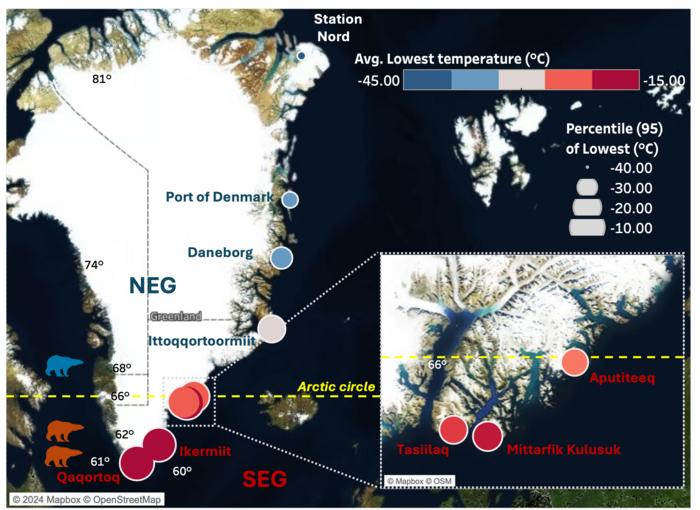 Polar bear locations and temperatures in Greenland