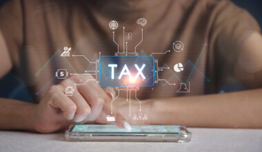 Finger touching screen on smartphone scan Online personal income tax icon for tax payment. Government data analysis document. stock photo
