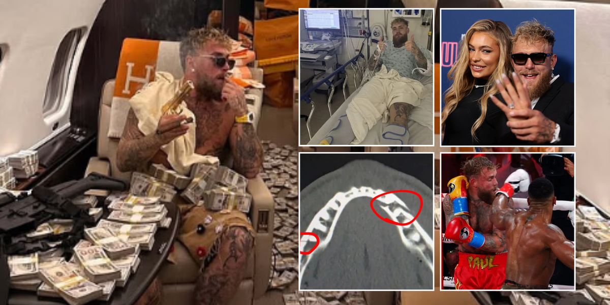 Jake Paul flaunts £140million purse on private jet as Anthony Joshua leaves influencer in hospital with broken jaw