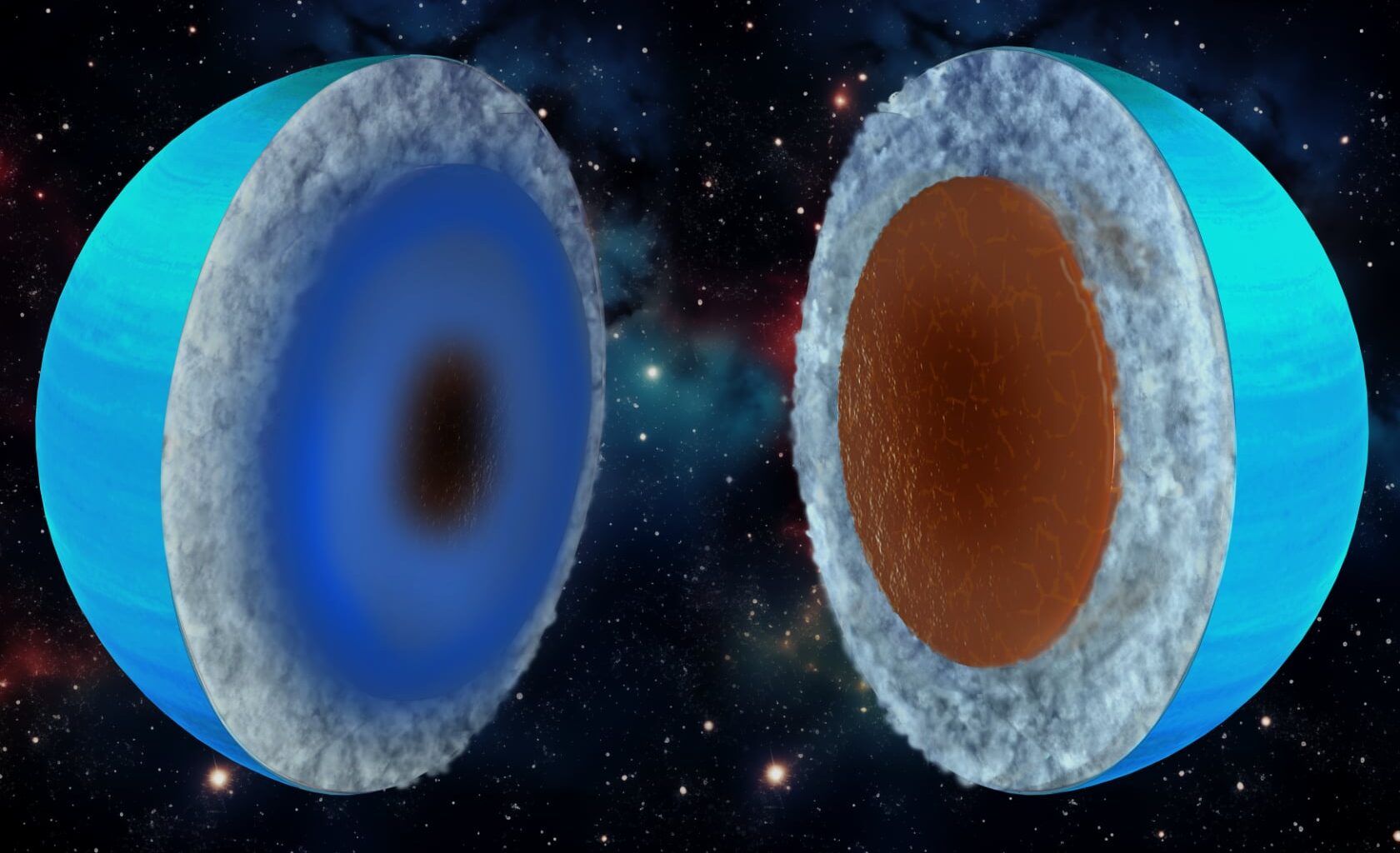 Uranus could be an ice giant (left) or a rock giant (right), depending on the model assumptions, researchers say. Credit: Keck Institute for Space Studies/Chuck Carter