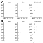 Protein misfolding cyclic amplification seeding activity levels in leukocytes of orally challenged ARR/ARR and ARQ/ARQ sheep in study of oral transmission of classical bovine spongiform encephalopathy in ARR/ARR sheep. A) ARQ/ARQ sheep. B) ARR/ARR sheep. We euthanized sheep at 4 mpi, 10 mpi, or at the clinical stage of infection. Leukocytes from 5 mL of whole blood collected at each month from birth until euthanasia were used to seed quadruplicate protein misfolding cyclic amplification reactions with a 10% wt/vol serial dilution from 10−1 to 10−5. Each symbol represents a different animal. mpi, months postinoculation; neg, negative.