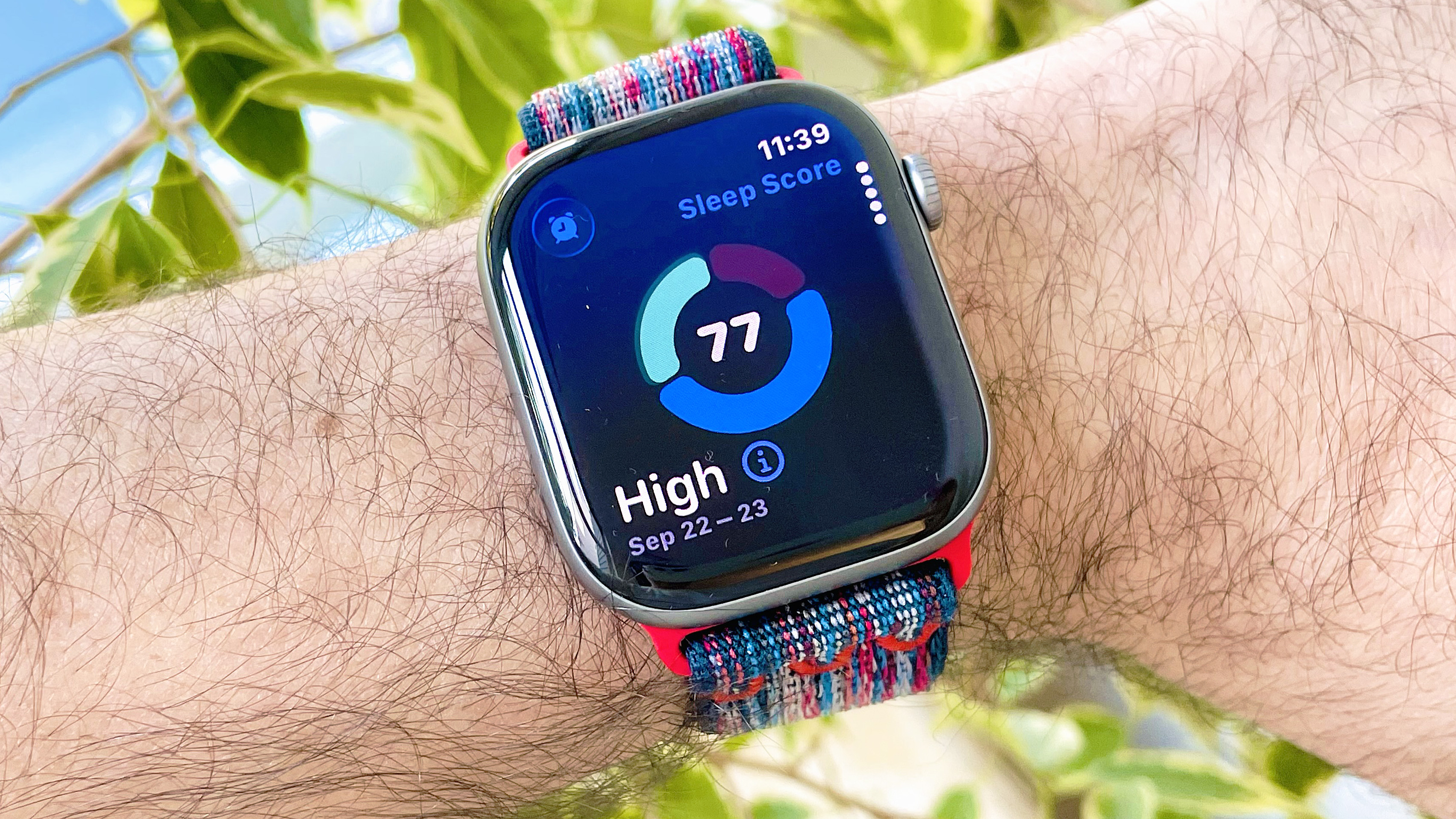 Close-up of the Apple Watch Series 11 showing a user's sleep score