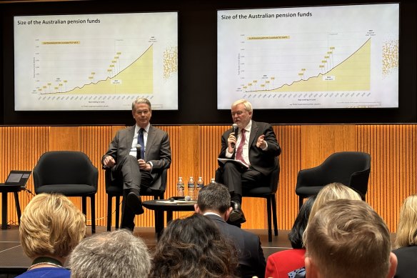 US Treasury Secretary Scott Bessent with Kevin Rudd at a superannuation talk at the Australian embassy in Washington in February.