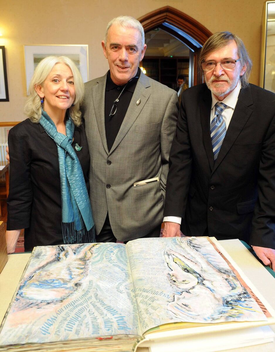 Gene Lambert (right) at a ceremony at UCC in 2013 to mark the acquisition by University College Cork of the modern manuscript 'The Great Book of Ireland, Leabhar Mna hEireann', were Paula Meehan (left), poet and contributor to the book and Theo Dorgan (centre). Picture: Denis Minihane