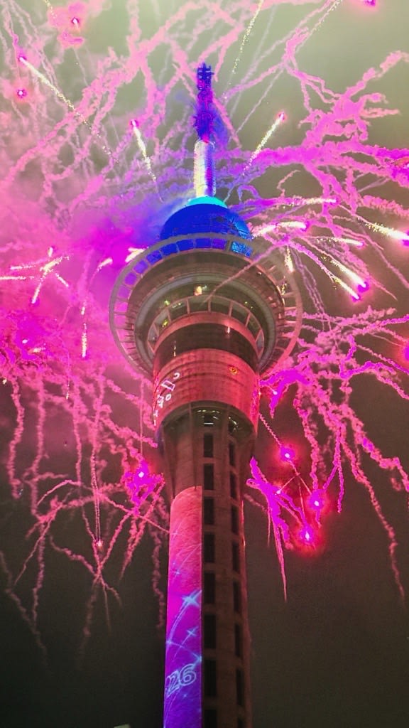 At midnight, 3500 fireworks were launched from Auckland's Sky Tower.