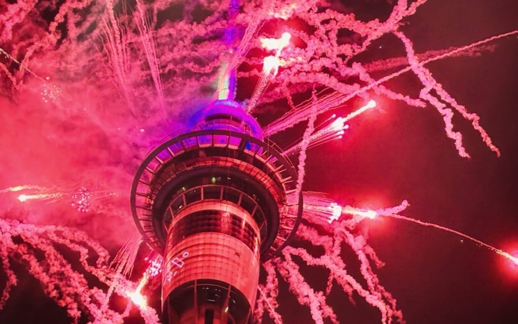 Fireworks at the Sky Tower in Auckland at midnight.