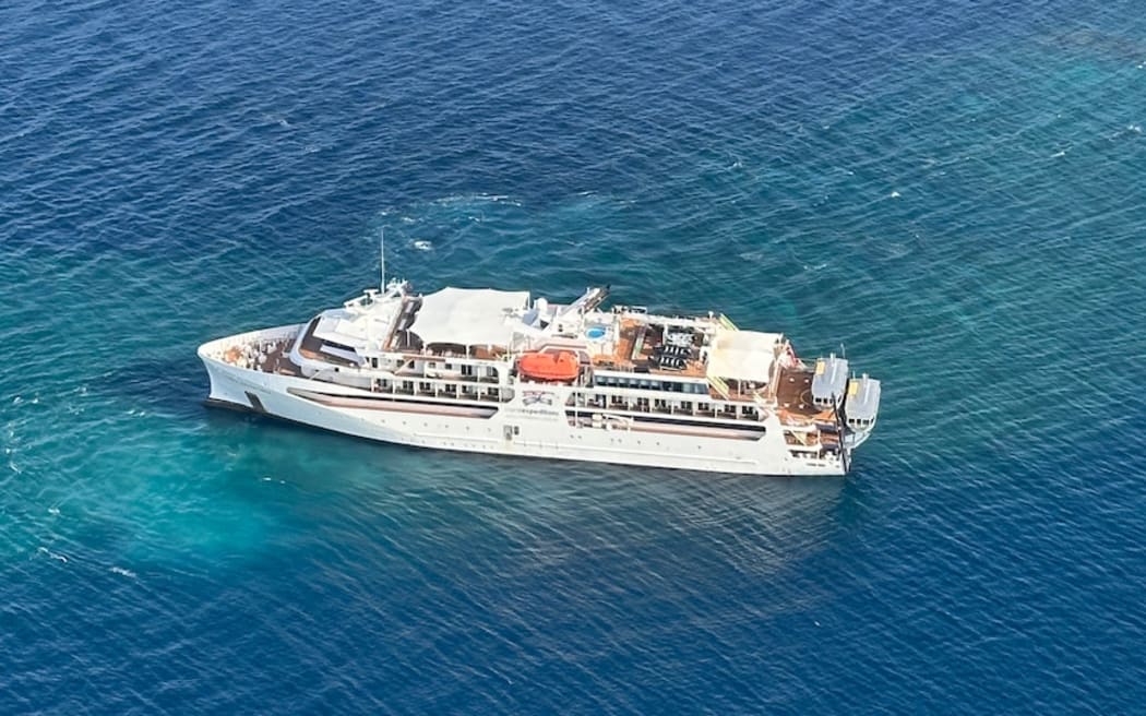 The Coral Adventurer had more than 120 people aboard when it hit a reef at Dregerhafen Point, Papua New Guinea.