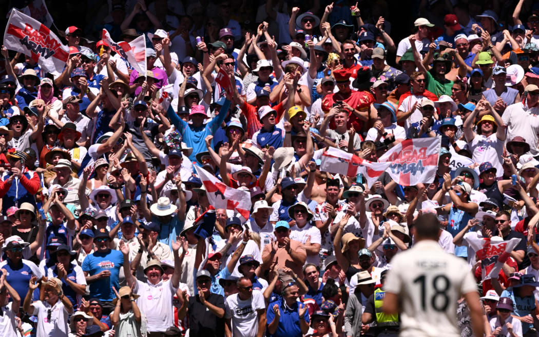 England fans cheer on their team on the second day of the fourth Ashes cricket Test match between Australia and England.