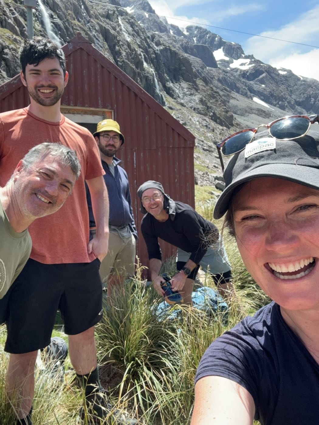 Duncan Webb and his sons Felix and Albert, his brother Mark and Suzanne Trounson at Waimakariri Falls Hut.