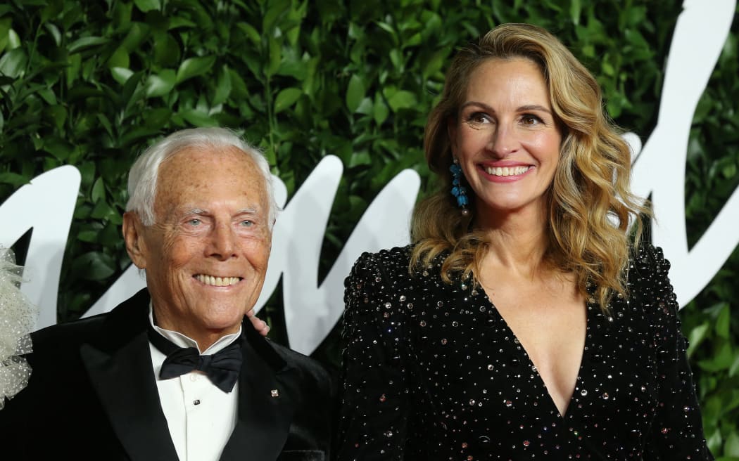Italian fashion designer Giorgio Armani and US actress Julia Roberts on the red carpet at The Fashion Awards in London in 2019.