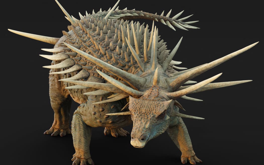 A handout image released by the Natural History Museum in London on August 28, 2025 shows an artist's digital life reconstruction of 'Spicomellus afer', an ankylosaur dinosaur that lived over 165 million years ago. Newly discovered fossils reveal that Spicomellus afer’s skeleton was covered in spikes -- something never seen before in any other vertebrate species living or extinct. (Photo by MATT DEMPSEY / NATURAL HISTORY MUSEUM / AFP) / RESTRICTED TO EDITORIAL USE - MANDATORY CREDIT "AFP PHOTO / NATURAL HISTORY MUSEUM / MATT DEMPSEY " - HANDOUT - NO MARKETING, NO ADVERTISING CAMPAIGNS, NO COMMERCIAL USE, NO SALES, RESTRICTED TO SUBSCRIPTION USE TO ILLUSTRATE THE STORY MENTIONED IN THE CAPTION - DISTRIBUTED AS A SERVICE TO CLIENTS /