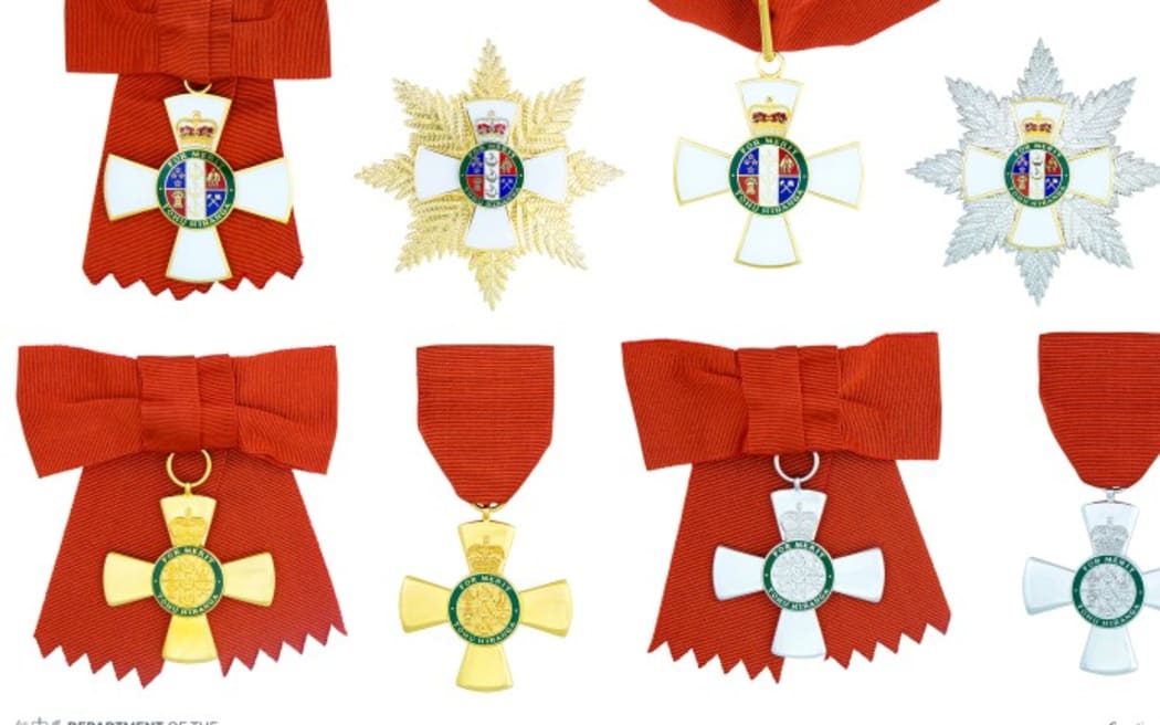 A composite image of some of insignia from the New Zealand Order of Merit.