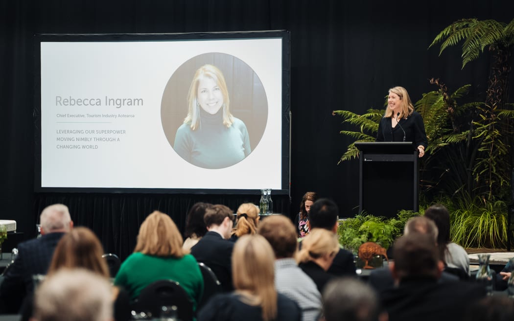 Rebecca Ingram, chief executive of Tourism Industry Aotearoa, speaking at the TRENZ conference in Rotorua.