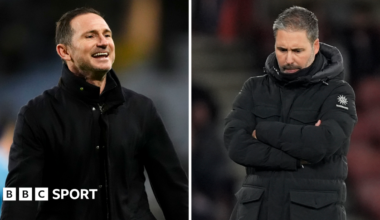 Frank Lampard smiling (left) and Marti Cifuentes with his arms folded looking at the ground (right)