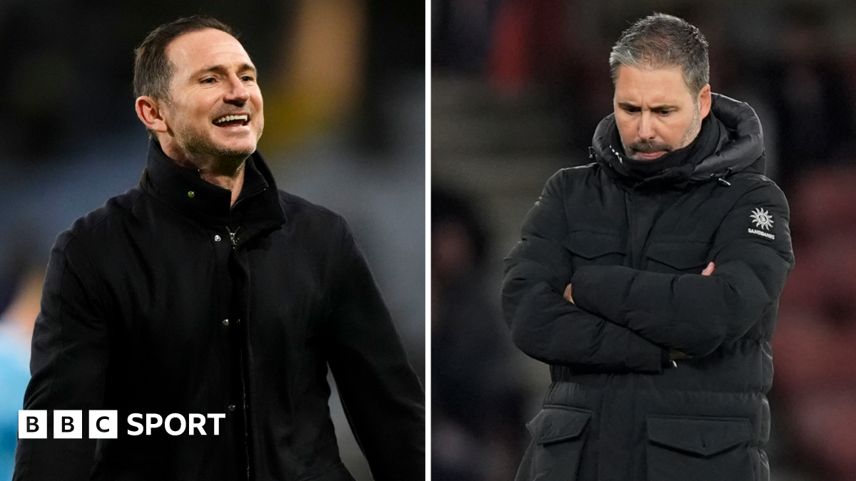 Frank Lampard smiling (left) and Marti Cifuentes with his arms folded looking at the ground (right)
