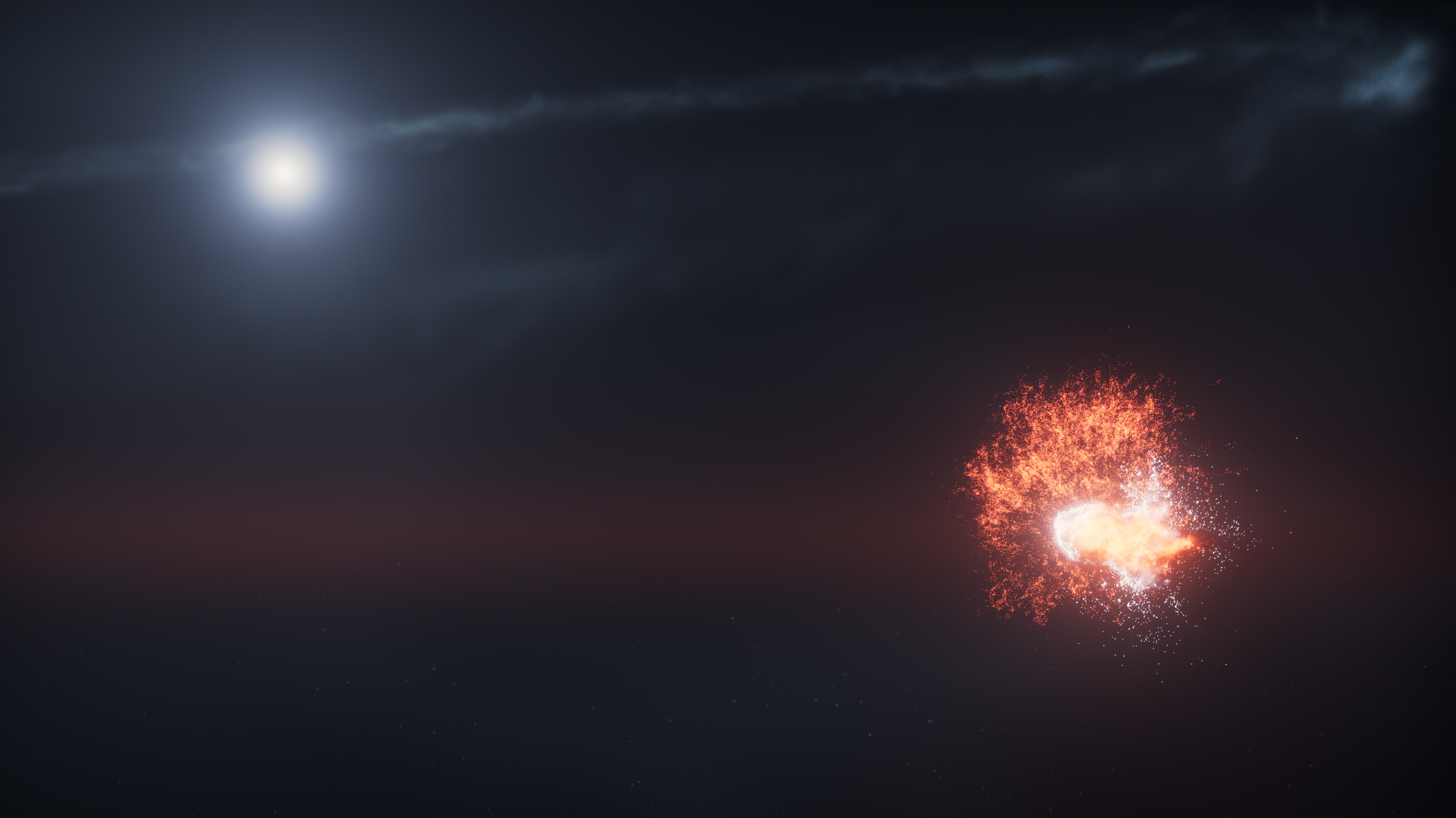 A fiery white, yellow, and orange burst sits in the bottom right quadrant of the image and a bright white orb is on the top left quadrant. The background is a very dark blue to black.